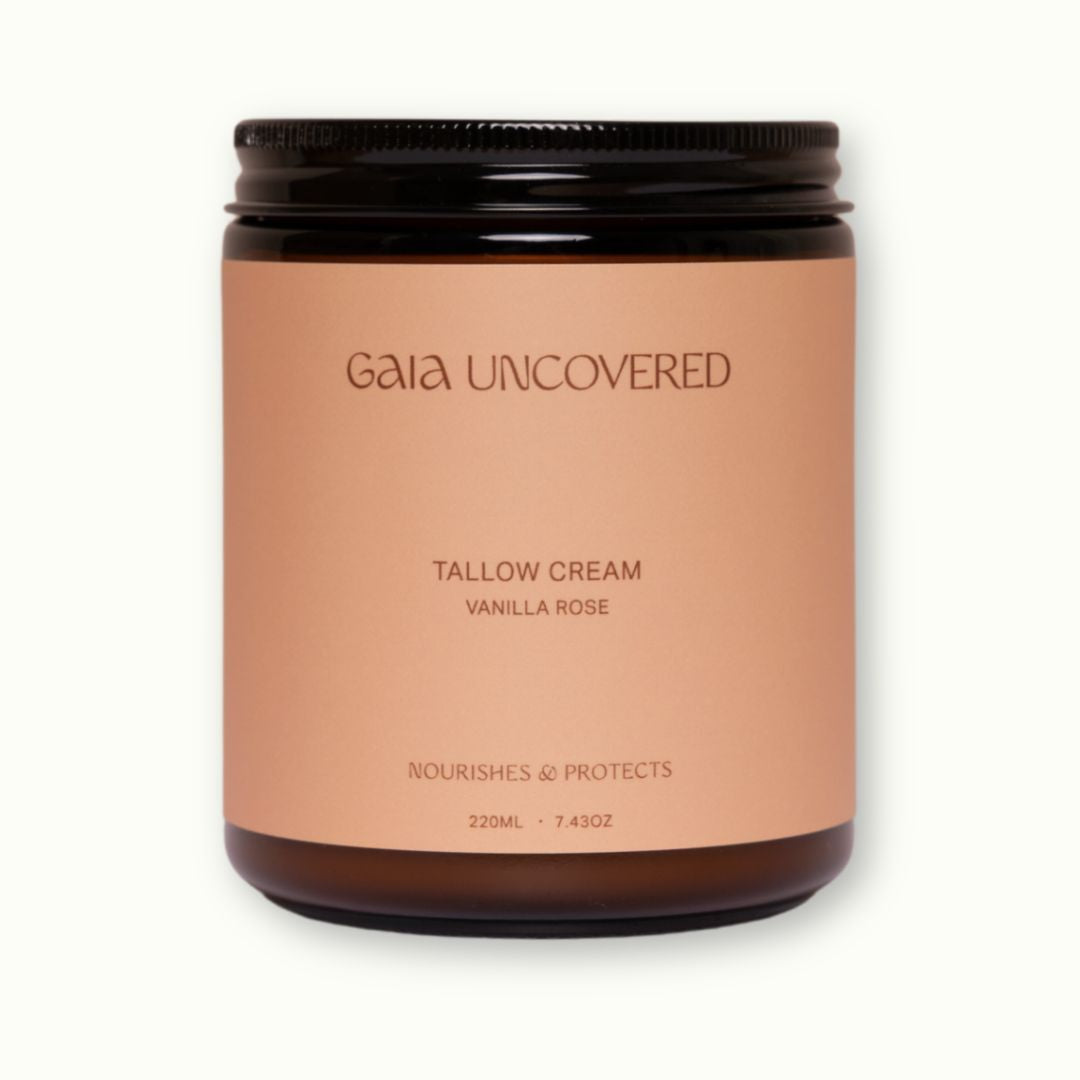 gaia uncovered beef tallow balm vanilla rose jar