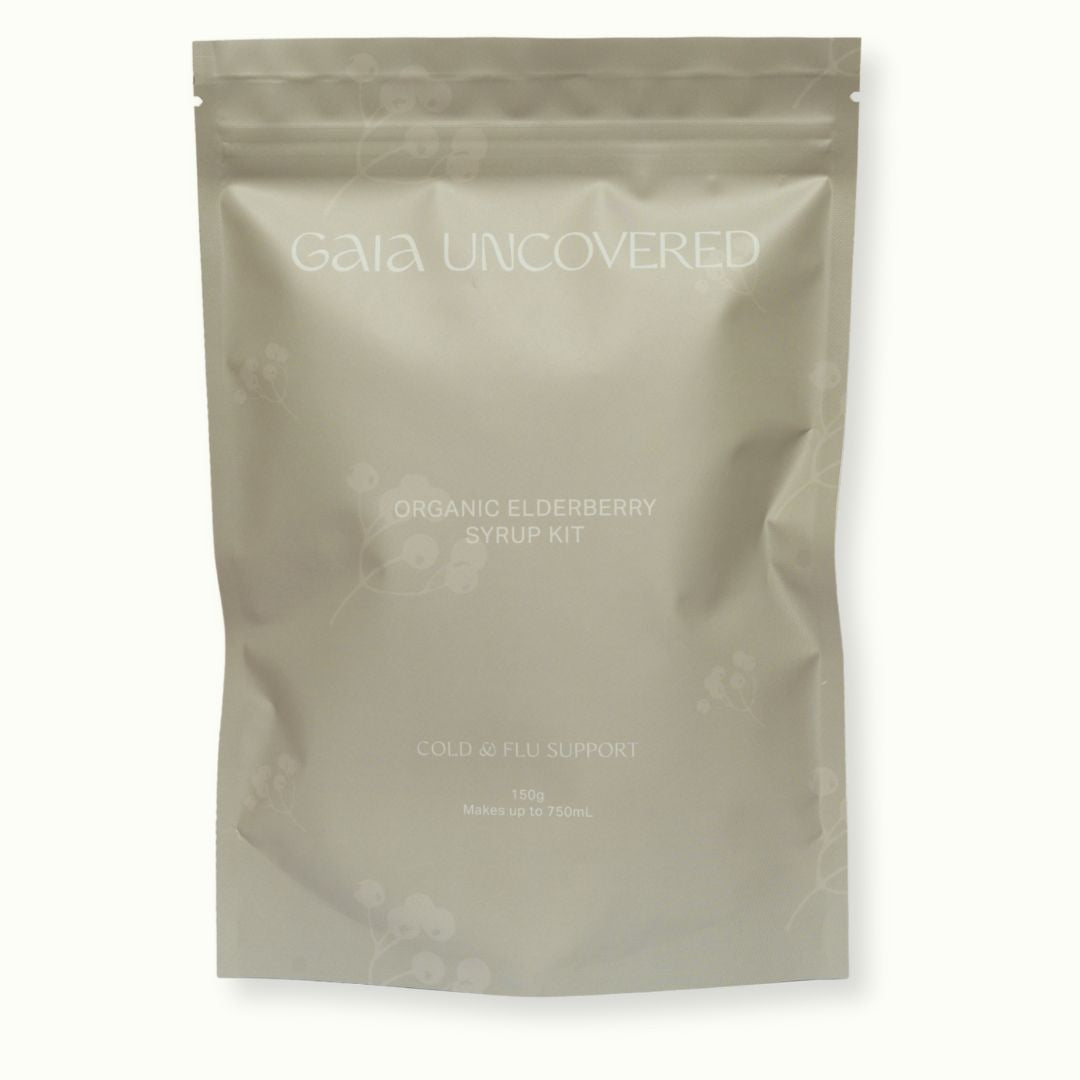 Gaia Uncovered organic elderberry syrup kit packaging on a white background